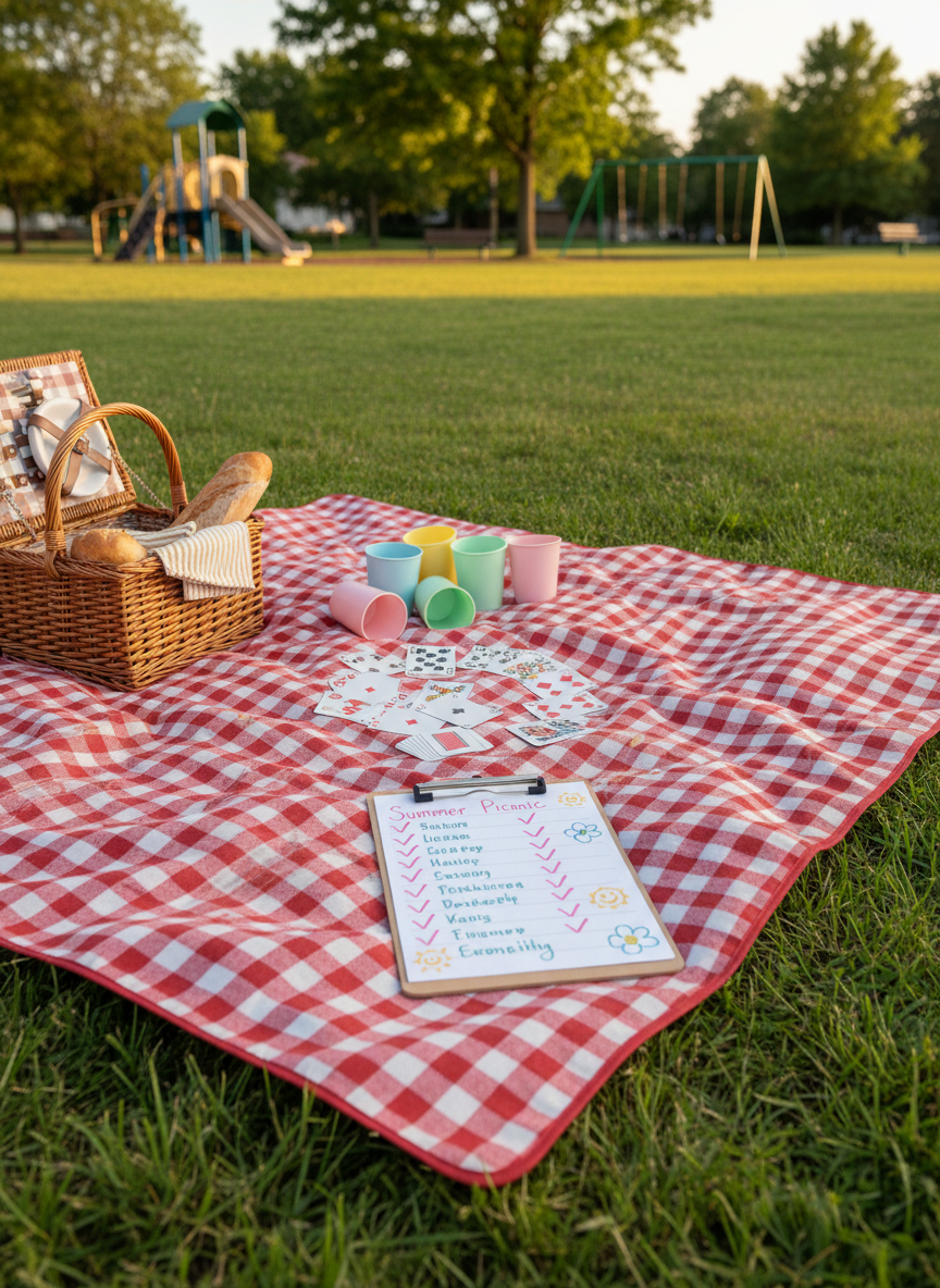 A long picnic blanket with a bold, checkered pattern spread across a lush green park lawn, covered in playful details: an open wicker basket, reusable cups in bright pastel colors, a deck of cards mid-game, and a handwritten RSVP list on a clipboard with colorful checkmarks and doodles. In the distance, blurred playground structures and leafy trees suggest a public park. Late afternoon golden hour light washes over the scene, giving the grass a warm glow and creating soft, elongated shadows. Shot from a slightly elevated angle to show the full layout, the image feels joyful, relaxed, and perfect for illustrating outdoor friend gatherings and attendance planning in a photographic, candid style—without any people visible.