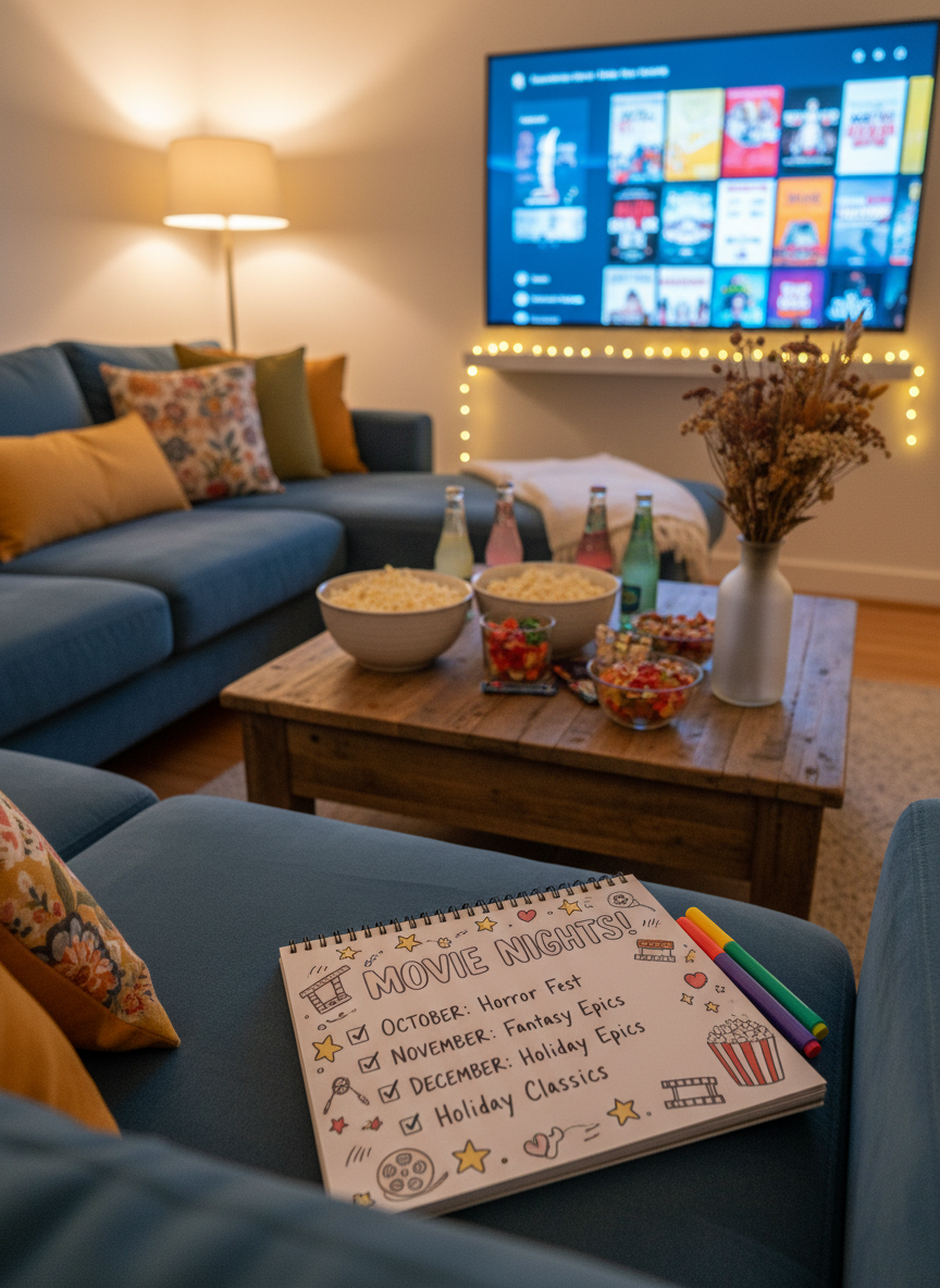 A cozy living room corner arranged for a movie night with friends: a soft fabric couch overflowing with patterned cushions, a low wooden coffee table covered in bowls of popcorn, candy, and sparkling drinks, and a TV screen in the background displaying a blurred, colorful movie selection menu. On the table, a notebook labeled with playful doodles and a set of highlighters outline a list of upcoming themed movie nights, with checkboxes for RSVPs. Dim, ambient lighting from a floor lamp and string lights gives the space a warm, intimate glow, while the camera captures the scene from a slightly low, three-quarter angle, maintaining photographic realism and a fun, inviting mood that reflects planning shared activities.
